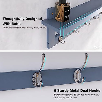 SMIBUY Coat Hooks with Shelf Wall-Mounted, 29.2 Inch Entryway Coat Rack for Wall, Bamboo Hanging Shelf with 5 Double Metal Hooks for Bathroom, Bedroom, Kitchen, Living Room, Mudroom (Grey) - color: Gray