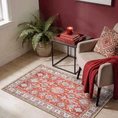Keen Home Design Vintage Washable Runner Rug, Non-Slip Low Pile, 2x7 | Machine Washable Cotton Chenille, 0.25In Low Pile, Rubber Non-Slip Back; Kitchen, Hallway, Bathroom, Laundry Room - color: Terracotta/Rust, size: 2' x 3' (Rectangular)