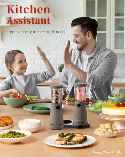 Electric Salt and Pepper Grinder Set with Storage Base, Stainless Steel Rechargeable Salt and Pepper Grinder Set with 4.5 oz Large Capacity, 1.8" Wide Mouth, Adjustable Coarseness, Ideal for Kitchen - color: Light Gray