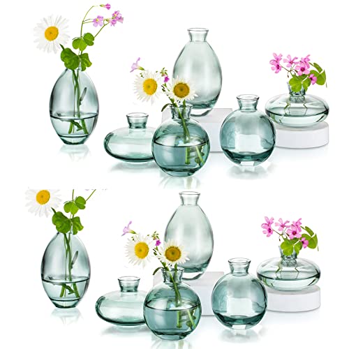 Glass Bud Vases Set of 12, Hewory Cute Green Small Vases Handmade, Mini Glass Flower Vase for Floral Arrangement, Tiny Centerpiece for Home Office Wedding Party Events Table Decor (Not Include Flower) - color: Green, size: 4sets (12pcs)