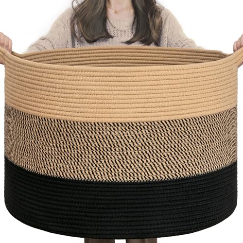 INDRESSME XXXLarge Woven Rope Blanket Basket Living Room, 90L | 21.7" x 13.8" Storage baskets for toys laundry & pillows. Fits living room, bedroom or nursery décor. Soft-touch with handles - color: Camel Mix & Black, size: 21.7"D x 13.8"H