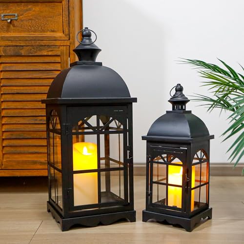 TRIROCKS Set of 2 Decorative Vintage Candle Lanterns 14.5"&20" H Farmhouse Outdoor Hanging Lanterns with Tempered Glass for Porch, Balcony, Patio, Home, Centerpieces, Indoor, Outdoor(Black) - color: 20''&14.5''h Black