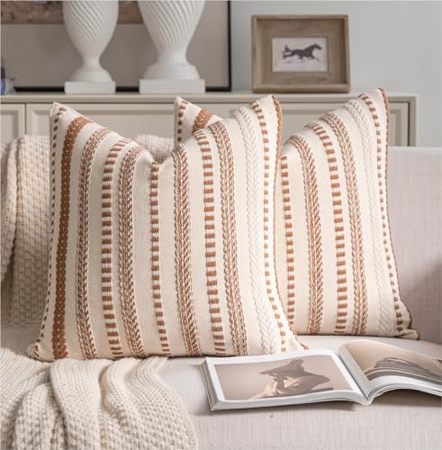 Cethom Brown Boho Throw Pillow Covers 18x18 Inch Set of 2, Stripe Textured Decorative Couch Pillow Cases for Bed, Sofa, Living Room, Bedroom, Farmhouse Home Accent Cushion Covers - color: Brown, size: 18" x 18" (Pack of 2)