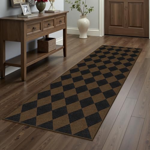Easy Jute Checkered Runner Rug, 2x6 Coffee Modern Washable Rugs Runner for Hallway Non-Slip Kitchen Runner Rug, Geometric Diamond Indoor Outdoor Carpet for Porch Laundry Entryway - color: Coffee Checkered, size: 2' x 6' (Runner)