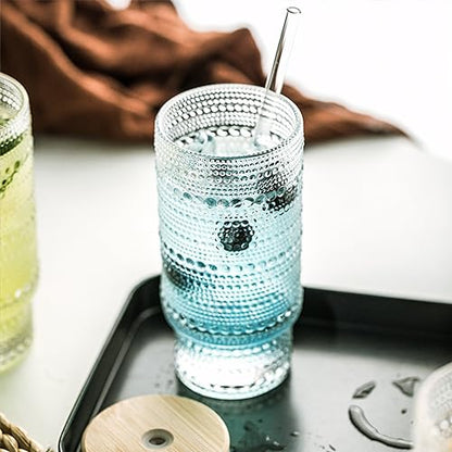 KEMORELA Set of 6 Hobnail Drinking Glasses with Cool Glassware Lid and Straw, 16oz XL Highball Bubble Cocktail, Old Fashioned Beverage Glasses, Romantic Water Glasses for Juice - color: 6PCS-16 Oz With Lid