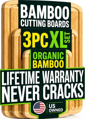 INDESTRUCTIBLE Extra Large Bamboo Cutting Board Set of 3 with Vertical Grain Strength Technology - XL Wood Cutting Boards for Kitchen and Lightweight Chopping Board Set - Replacements for Life - color: Two-Tone