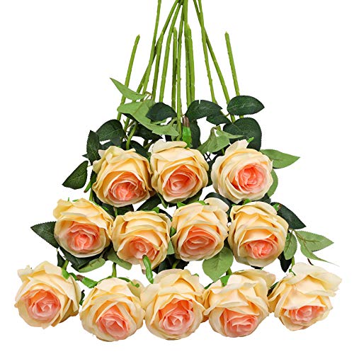 Tifuly Champagne Roses Artificial Flowers - 12 pcs Realistic Single Long Stem Fake Silk Roses Bouquet for Party Home Wedding Centerpiece Office DIY Decor | 12 pcs Realistic Single Long Stem Fake Silk Roses Bouquet for Party Home Wedding Centerpiece Office