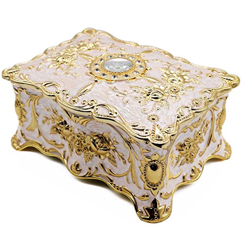 Luxury Vintage Rectangle Metal Alloy Jewelry Box Trinket Organizer Storage Box with Rose Pattern for Women, Girls, Two-Layer Design, Gold & White, Large - color: Gold & White
