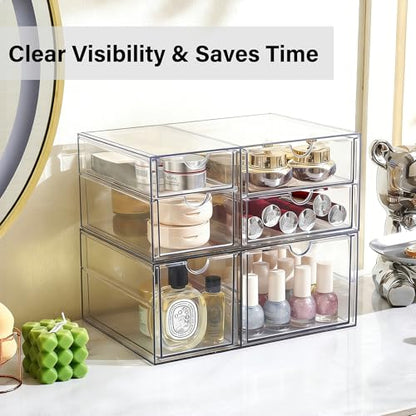 Prsildan Acrylic Makeup Organizer Clear Storage Drawer with 6 Small Drawers | Transparent, Vanity Organizers, For Bathroom Kitchen Cabinet Office Desk Under Sink, Set of 2 - size: 6 Drawers