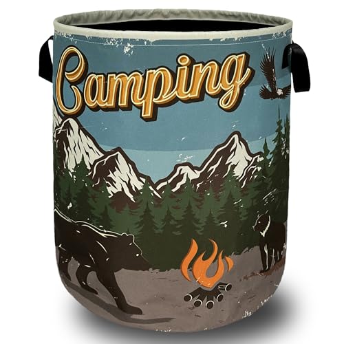 Retro Camping Laundry Basket Foldable Oxford Cloth Hamper18.9"x16.5" | Beautiful With Handle Tote Bag Laundry Hamper Clothes Storage Bucket Toy Organizer For Bathroom/Laundry/Bedroom - color: Retro Camping With Mountains Bear