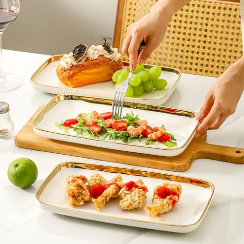 LETAOTAO Serving Platters, Ceramic Serving Platters Set of 4, 12 Inch Rectangular Serving Trays Dishes for Party Entertaining, White Dinner Plates with Gold Trim for Sushi Desserts Appetizers Salad - color: Rectangular White and Gold-4 Pcs