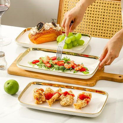 LETAOTAO Serving Platters, Ceramic Serving Platters Set of 4, 12 Inch Rectangular Serving Trays Dishes for Party Entertaining, White Dinner Plates with Gold Trim for Sushi Desserts Appetizers Salad - color: Rectangular White and Gold-4 Pcs