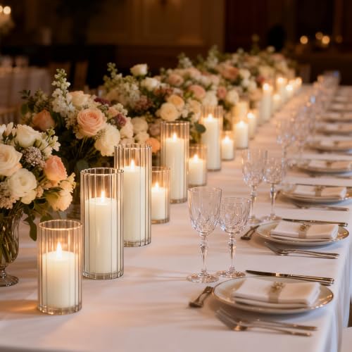 24 Pack White Pillar Candles + 24 Pack Vertical Ribbed Clear Glass Cylinder Holders, Hurricane Candle Shades for Wedding, Home, Party Table Centerpieces Decor - color: White, size: 24