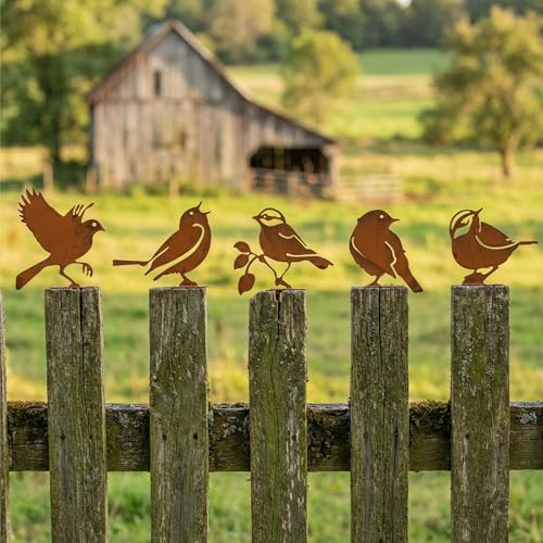 Rusty Metal Birds Garden Wrens Decor Set of 5 Life-Size Wren Silhouettes | Vintage Yard Art for Fence & Outdoor Rustic Bird Statues, Weather-Resistant Metal Birds for Garden, Patio, and Home Decor