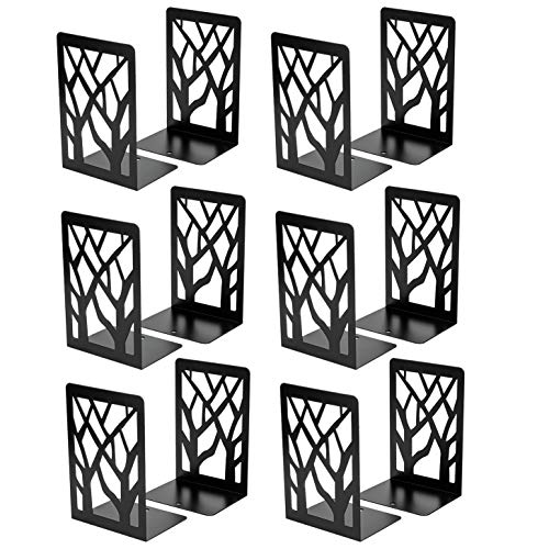 MaxGear Book Ends Tree Design Modern Bookends for Shelves, Non-Skid Bookend, Heavy Duty Metal Book Stopper for Books/CDs, Decorative Book Shelf Home, 7 x 4.7 x 3.5”, Black (6 Pair/12 Pieces, Large) | Metal Constructio,Heavy Duty,Non-Skid Pads,Scratch Resi