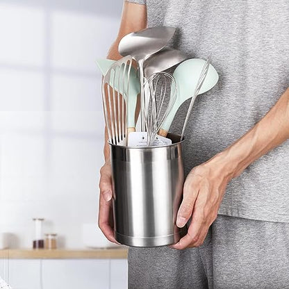 Stainless Steel Utensil Holder for Counter(2Pack), Brushed Silver Drying Metal Utensil Crock Canister for Cooking Utensils on Countertop, with Heavy Base, Dishwasher Safe, Silver