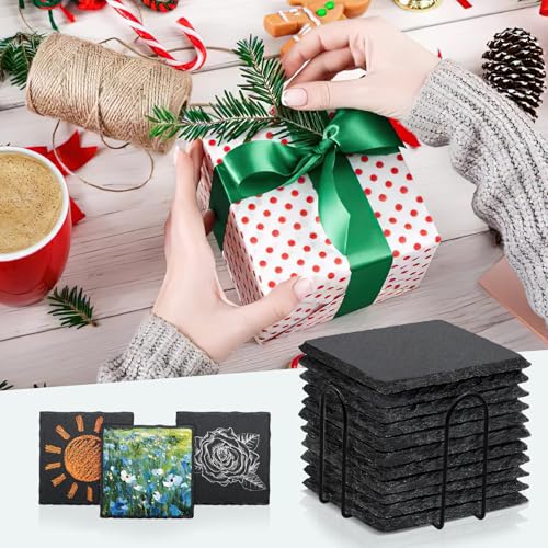 4 Pack 4 Inch Square Black Slate Coasters Set with Storage Holder | Natural Stone Coasters, Coasters set of 4, Laser Engraving Blank, Anti-scratch Bottom, DIY Craft, Bar Home Dinner Table Decor - size: 4 Square Coasters