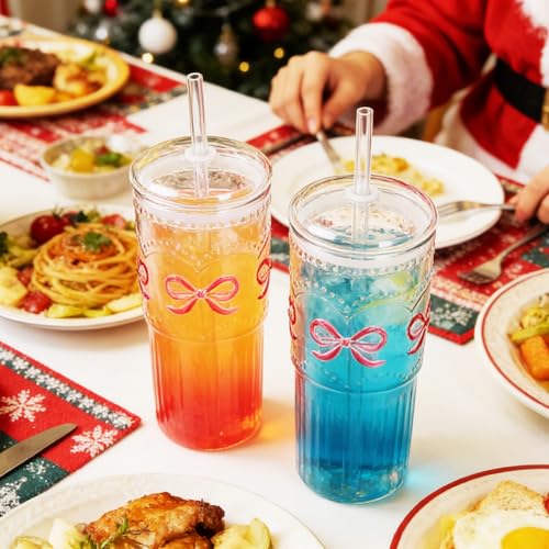 22 Oz Ribbed Glass Cups with Lids and Straws Set of 2, Glassware Set with Pink Bow Glass Tumbler Iced Coffee Cups, Ideal for Iced Coffee, Tea, Milk, Smoothie, Hot Drinks