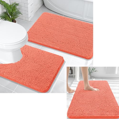 OLANLY Chenille Bathroom Mat and Toilet Rugs U-Shaped, Bath Mat Size 30x20 and Bathroom Rugs Sets Size 30x20+24x20 in Coral, 3 Item Bundle