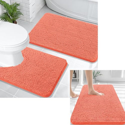 OLANLY Chenille Bathroom Mat and Toilet Rugs U-Shaped, Bath Mat Size 30x20 and Bathroom Rugs Sets Size 30x20+24x20 in Coral, 3 Item Bundle