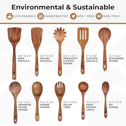 Wooden Spoons for Cooking, 10 Pcs Teak Wood Utensil Set for Nonstick | Durable, Heat Resistant & Food-Safe with Ergonomic Handles – Woodenhouse Kitchen Cookware - size: 10 Piece Set