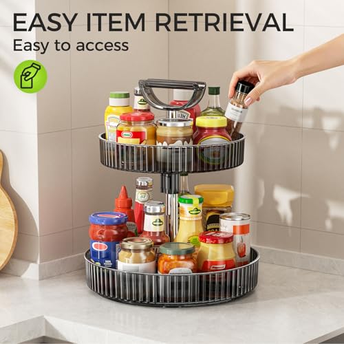 YCIA&DONE Premium 2-Tier Adjustable Lazy Susan Turntable Organizer 12 Inch Rotating Spice Rack for Cabinet, Kitchen Pantry Condiment Organizer with Deep Baskets and Handle, Gray - color: Gray
