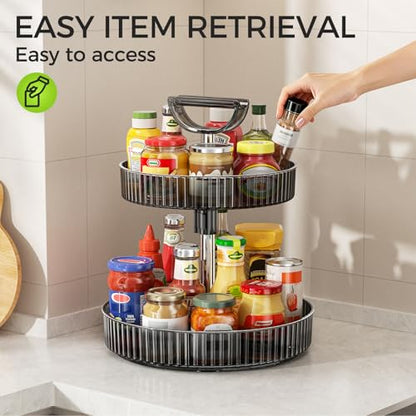 YCIA&DONE Premium 2-Tier Adjustable Lazy Susan Turntable Organizer 12 Inch Rotating Spice Rack for Cabinet, Kitchen Pantry Condiment Organizer with Deep Baskets and Handle, Gray - color: Gray