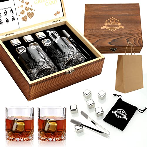 Whiskey Stones and Whiskey Glasses Set of 2, Cool Bourbon Gifts for Men | 6 Stainless Steel Chilling Whiskey Cubes, Scotch Bourbon Gift Set, Best Drinking Gifts for Him Dad Husband Birthday Holiday - style: Straight Glasses+Stainless Steel Stones