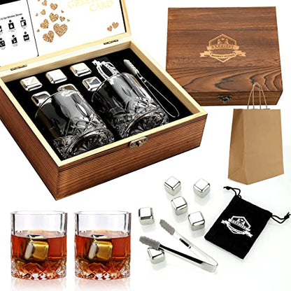 Whiskey Stones and Whiskey Glasses Set of 2, Cool Bourbon Gifts for Men | 6 Stainless Steel Chilling Whiskey Cubes, Scotch Bourbon Gift Set, Best Drinking Gifts for Him Dad Husband Birthday Holiday - style: Straight Glasses+Stainless Steel Stones