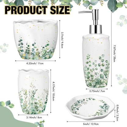 Sage Bathroom Accessories Set 4 Piece, Ceramic Soap Dispenser with Pump, Toothbrush Holder, Tumbler Cup & Soap Dish, Botanical Greenery Countertop Decor, White with Gold Speckles - style: Sage