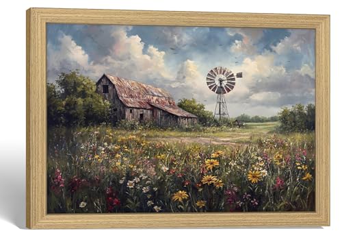 Vintage Farmhouse Landscape Canvas Wall Art Framed Home Decor 12X16 Inch | Ready to Hang Rustic Barn Windmill Daisy Wild flowers Painting Prints Posters Pictures Living Room Bedroom Hallway Entrance - color: Vintage Farmhouse Landscape 008, size: 16"L x 1