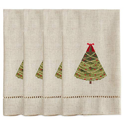 Saro Lifestyle Embroidered and Hemstitched Ribbon Christmas Tree Guest Towel (Set of 4), Natural, 14"x22" - color: Ribbon Christmas Tree
