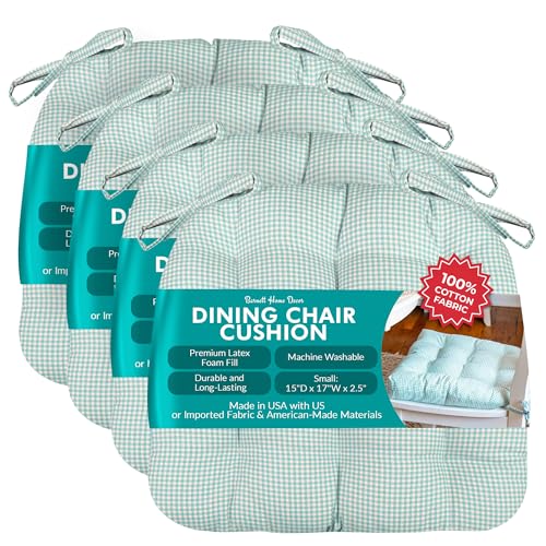 Barnett Home Decor Chair Cushions for Dining Chairs - 15x17 Kitchen Chair Cushions - Machine Washable, 100% Cotton - Made in USA - Latex Foam Comfort Chair Pads - Madrid Aqua Gingham Small Pack of 4 - color: Madrid Aqua Gingham, size: Small (15"D x 17"W x