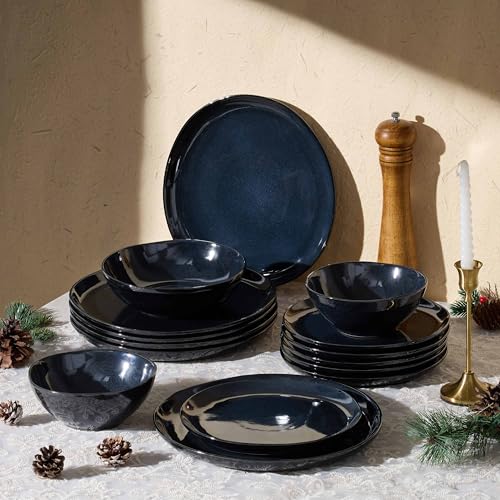 Herogo 12pcs Stoneware Dinnerware Sets for 4, Irregular Handmade Dinner Plates and Bowls, Kitchen Dining Dish Dishware Set, Microwave & Dishwasher Safe,Starry Blue - color: Starry Blue, size: 4 Set (12pcs)