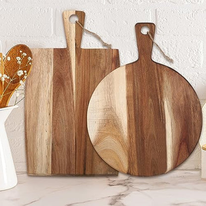 Hsei 2 Pcs Acacia Wood Cutting Boards Charcuterie Board | with Handles, Charcuterie Boards for Cheese, Meat Bread, Steak, Round, Rectangle, Decorative Serving Boards - size: 17x10", style: Classic