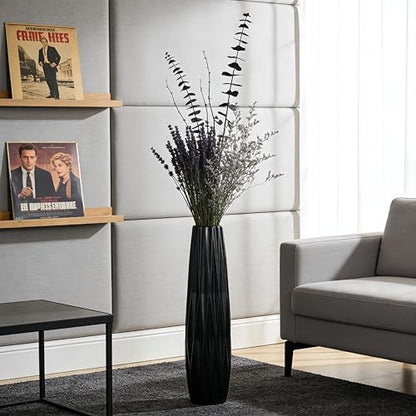 Black Tall Ceramic Floor Vase, 24 Inch, Ribbed Design | Matte Finish, Living Room, Fireplace, Entryway, Pampas Grass - size: 24 Inch