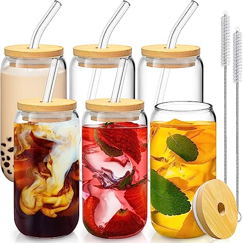 16 Oz Drinking Glasses - 6 Pcs Glass Cups with Bamboo Lids and Straws | Food-grade durable clear tumbler, Coffee bar accessories, Aesthetic gift, For beer, Iced tea, Include 2 cleaning brushes