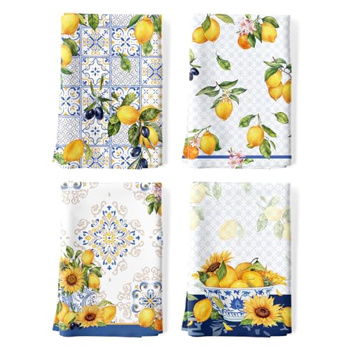 Summer Lemon Tea Towels, 100% Cotton Kitchen Towels, Set of 4 | 18.9 x 27.5 in / 48 x 70 cm, Lightweight Woven Dish Cloth with Lemon Print for Spring Summer Kitchen Decor, Hostess Gift - color: Lemon
