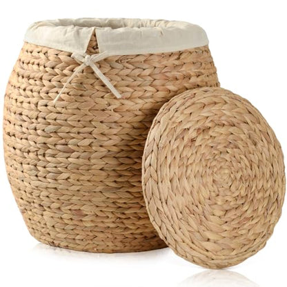 Wicker Basket with Lid Decorative Storage - Large Blanket Basket for Living Room, Plants, Organization, Handwoven Water Hyacinth Material w/Removable Cotton Liner & Tall Round Design