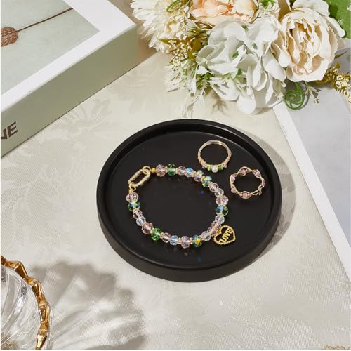 Beebeecraft Round Ceramic Jewelry Tray Black 4.8 Inch | Flat Jewelry Dish, Bathroom Organizer, For Rings Earrings Necklaces Bracelet Watch Keys, For Soap Perfume Small Plant - color: Black