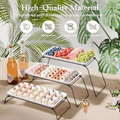 Bumusty Large 3-Tier Melamine Serving Tray Set, 17 x 8.7 in, Black Stand | Melamine Reusable Platters with Metal Display Stand for Cupcakes, Desserts, Fruit, Cookies, Parties, Birthdays and Holidays - color: Black, size: 17" x 8.7"