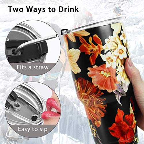 SYACOT 30oz Tumbler Double Wall Stainless Steel Vacuum Insulated Travel Mug with Splash-Proof Lid Metal Straw and Brush - color: Jasmine black-30oz