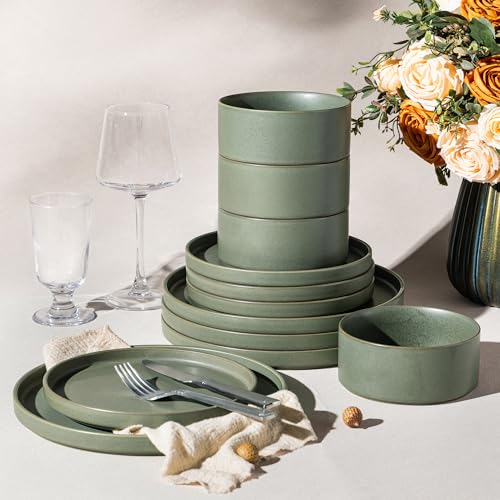 LERATIO Stoneware Dinnerware Sets for 4,12-Piece Matte Plates and Bowls Set | Handmade High Edge Rim Dish Set,Oven & Microwave,Dishwasher Safe,Scratch Resistant-Green - color: Green, size: Service for 4
