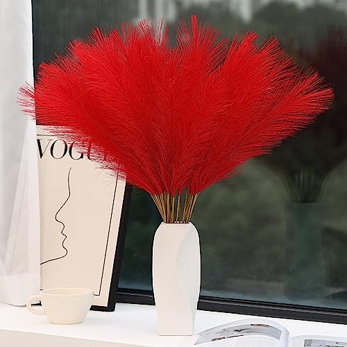 Wertuirk 60pcs Red Pampas Grass Decor - 24 Inch Artificial Pampas Grass | Fake Pompas Floral for Vase Filler, Wedding Flower Arrangement, Party and Home Decor (Red) - color: A Red, size: 60 Pieces
