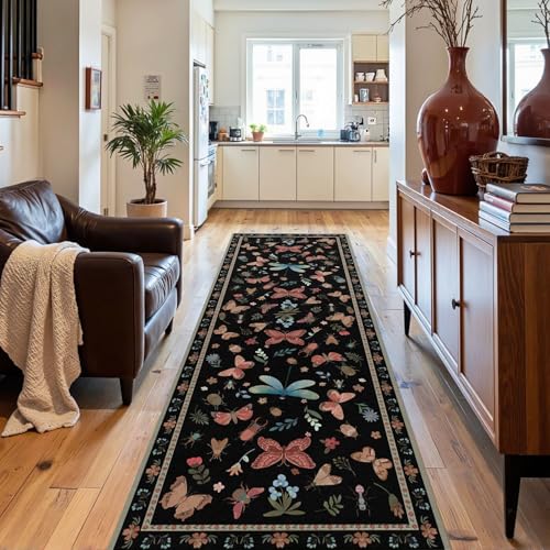 2x6 Black Floral Runner Rug for Hallways Kitchen | Soft,Machine Washable & Non Slip,Low Pile,Ideal for Girls Room, Nursery,Kids Room - color: Black, size: 2' x 6' (Runner)