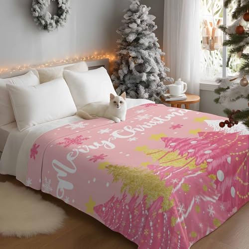 Pink Christmas Tree Throw Blanket, Merry Christmas Super Soft Warm Flannel Blankets for Bed Couch Sofa Gold White Pine Tree Snowy Lightweight Fluffy Plush Bed Throws 40x50 Inch - color: White Pink, size: 40''x50''
