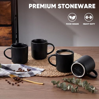 E-far Coffee Mugs Set of 4, 12 oz Stoneware Coffee Cups with Handle for Latte, Tea, Cocoa, Milk, Modern Ribbed Ceramic Mugs for Man Woman, Microwave & Dishwasher Safe, Matte Black - color: Matte Black