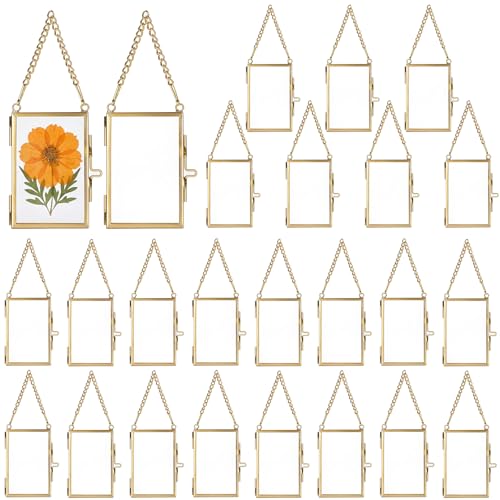 JUXYES 2x3 Hanging Mini Double Glass Picture Frame for Pressed Flower, Gold | 25 Pack Wallet Size Tiny Frame Ornament for Xmas Tree Party Wall Decor, Small Black Square Floating Display Frame with Chain - color: Vertical, size: 25 Pack