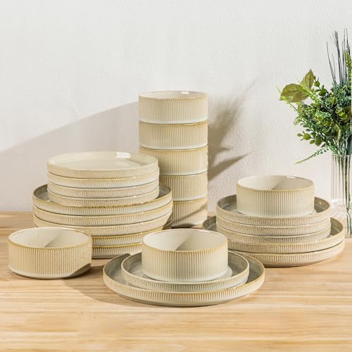 Ceramic Dinnerware Set for 8, 24-Piece Plates and Bowls Set | Lightweight Porcelain Dish Set, Scratch Resistant, Oven & Microwave & Dishwasher Safe, Cappuccino - color: Cappuccino, size: Set (24pcs)