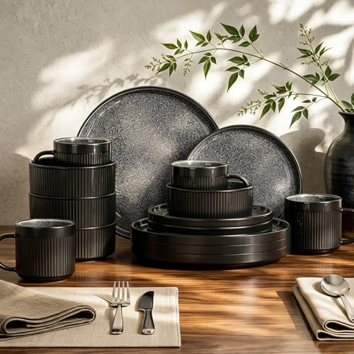Kitchen Academy Fluted Ceramic Dinnerware Sets for 4, 16Pcs Stoneware Plates and Bowls Sets Non Toxic, Black Dishes Set, Oven & Microwave & Dishwasher Safe - color: Black, size: Service for 4-16Pcs